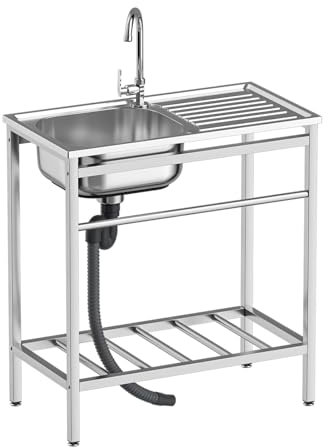Kleines Spülbecken für Garten Freien, Einzeltrog zum Waschen, Edelstahl-Waschbecken Ausgussbecken für die Küche mit Ablage und Wasserhahn, für Restaurant, Bar, Waschküche, Garage, Hinterhof(Single lay