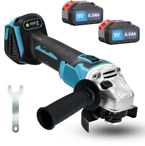 18V Cordless Angle Grinder with, 125MM Electric Angle Grinder for Cutting, Grinding, Polishing and Rust Removal (2 * 5500mAh Battery)