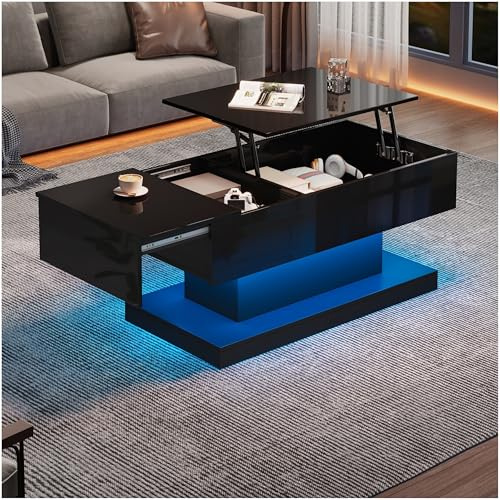 Sapgaks Haute Brillance Table Basse Salon avec éclairage LED, Table Basse relevable 100x50x45cm avec Espace de Rangement,avec Plateau Semi-soulèveable et Design Coulissant latéralement,Noir