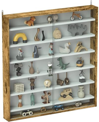 HOMCOM 7-Tier Wall Mounted Display Cabinet, Display Case with 6 Adjustable Shelves, Glass Doors for Home Office Ornaments 83x80cm, Rustic Brown