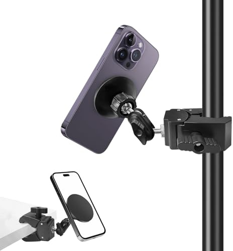 Phone Holder for Mic Stand, Treadmill, Spin Bike, Stroller, Adjustable Clamp on Phone Holder for Microphone Stand, Desk Pipe Pole Clamp Phone Mount Stands for iPhone Samsung All Smartphones (Magnetic)