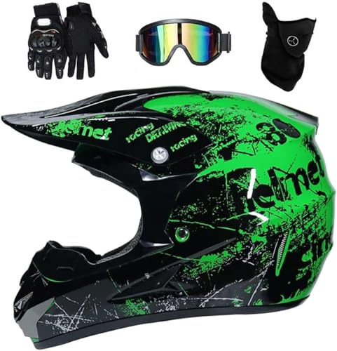 Full Face MTB Motocross Helmet Set, Off Road ATV Scooter Motorbike Helmet with Goggles Gloves Mask, Downhill Enduro Quad Dirt Bike Crash Helmet(Green,L(56~57cm))