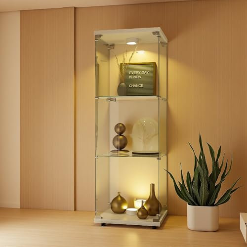 Vitrina de cristal con iluminación LED, vitrina de cristal con 3 estantes, vitrina de pie con cerradura y puertas, vitrina de esquina, cristal templado, vitrina para salón, oficina, coleccionables