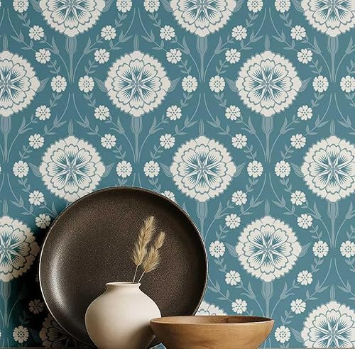 S4Sassy Royal Floral Medallion Wallpaper- Asian Style Wall Covering, 25 X 120 Self-Adhesive Plain Vinyl Wallpaper, Decorative Wallwrap, Easy DIY Wall Covering for Bedroom, Living Room- Blue