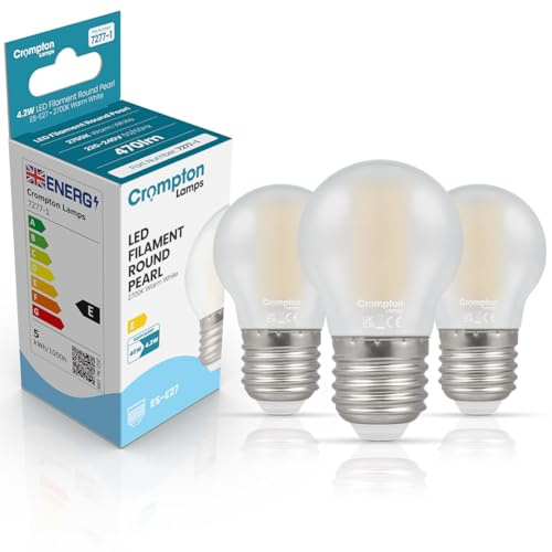 Crompton Lamps Filament Golfball LED Light Bulb ES-E27 | 4.2W = 40W Equivalent | Warm White 2700K | Energy Efficient | Edison Screw Lightbulb | Long Life 10,000-Hrs | Pearl Glass | Dimmable | 3-Pack