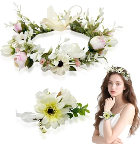 SAIIURV Blumenkranz Blume Krone Stirnband, Braut Haarschmuck mit Armband-Set, Midsommar Blumenkranz, Verstellbarer Haarschmuck Blumen, für Damen Hochzeit Zeremonie Festival Party Strand