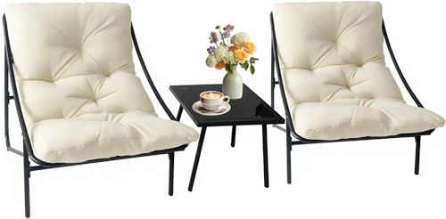 Gartenmöbel Set, Balkonmöbel Kleiner Balkon Outdoor, Balkonmöbel set 3 teilig, Gartenset Tisch und Stühle mit Abnehmbar Kissen und Couchtisch, Lounge Gartenmöbel für Terrasse, Balkon, Garten (Weiß)