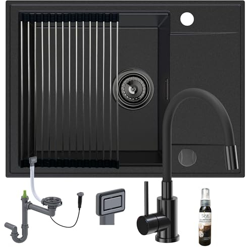 SINK QUALITY Spülbecken graphit mit Armatur Set 62x46 - Spüle mit wasserhahn, Siphon graphit, Abtropfgestell, Imprägniermittel - Küchenspüle Komplettset für 55er Unterschrank