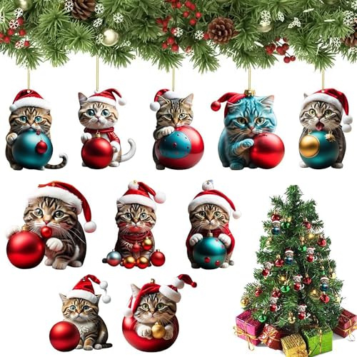 10 Stück Weihnachtsbaum Katzen Anhänger, Niedlicher Acryl Katze Christbaumschmuck, Weihnachten Deko Weihnachtsbaum Anhänger, Christbaumschmuck