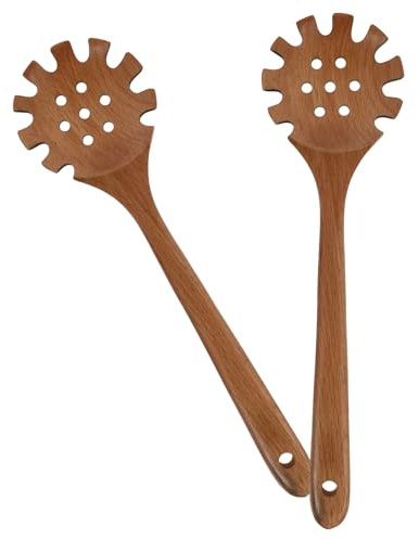 IWOWHERO 2 Pièces Cuillère à Spaghetti Bois Naturel Louche à Pâtes avec Dents Anti-brûlure Manche Long Passoire pour Nouilles et Pâtes Ustensile de Cuisine Résistant et Ergonomique