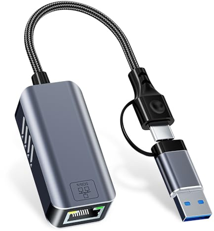 Adaptateur USB C vers Ethernet 5 Gbit/s, USB-A et USB-C vers RJ45 LAN 5000 Mbps Convertisseur réseau filaire, USB vers Ethernet compatible avec Thunderbolt 4/5, MacBook, Windows, MacOS, Linux, iPhone