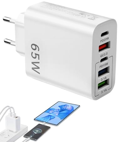 Cargador rápido USB-C de 65 W Multi Puertos Adaptador de corriente con 5 puertos USB-C y USB-A QC3.0 PD20W Carga rápida universal para iPhone 15 14 13 12 11 Samsung S23 S22 S21 iPad Huawei Xiaomi
