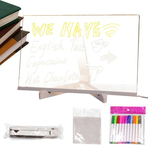 Eoixuqba LED Notiztafel Mit Farben, 30x20cm Leuchtendes LED Zeichenbrett Für Kinder, Acryl Notiztafel Mit 12 Farben Stift Notizblock Ständer Wischtuch Paket, Für Café Bar Schule Zuhause Kinderladen