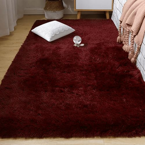 WRUIJIO Moderner Hochflor Teppich 240 x 270 cm Kunstfell Weich Kurzfloriger Weicher Wohnzimmerteppich Super Soft für Schlafzimmer Kinder Flur, Wohnzimmer, Weinrot