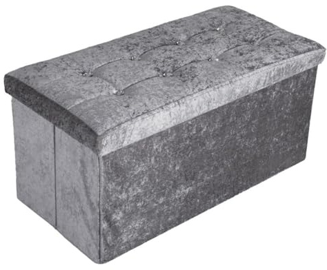Large Crushed Velvet Storage Ottoman with Lid Foldable Bench Seat Footstool Toy, Chest, Blanket Storage Box for Bedroom, Living Room & Hallway (Crushed Velvet Buttoned Silver, 78D x 38W x 38H cm)