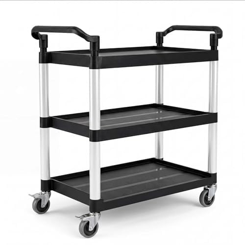 Levede 3 Tier Rolling Tool Trolley Black, Heavy Duty Storage Trolley with Wheels, 150kg Capacity Kitchen Trolley on Wheels with Lockable Castors, Utility Drinks Trolley for Garage Workshop Home