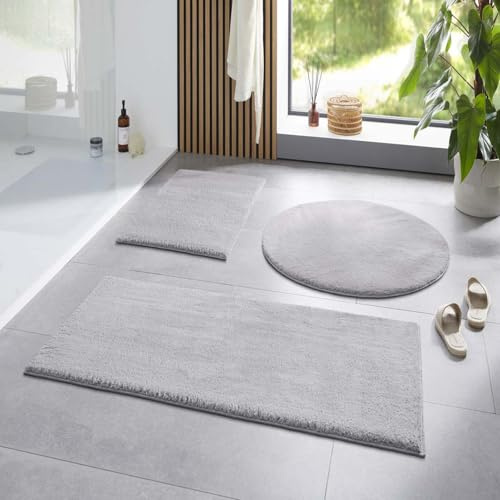 Taracarpet Badematte Fiona rutschfest waschbar Badezimmerteppich sehr weich und als Set kombinierbar Uni New Grau 080x150 cm