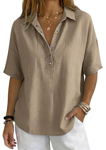 Womens Summer Linen Shirts 2026 Half Sleeve V Neck Button Up Tops Dressy Casual Loose Fit Collared Tunic Blouses Oversized Baggy Lightweight Beach Holiday Work Office T Shirt