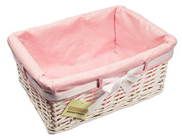 Woodluv Medium Rectangular White Willow Wicker Hamper Storage Basket-With Pink Dot Linning (Gift Hamper Basket)