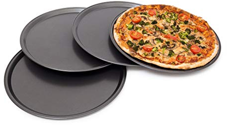 Relaxdays rundes Pizzablech, Backblech 4er Set, Backset aus beschichtetem Carbonstahl, Pizza & Flammkuchen, 33cm Ø, grau, 1.8 x 33 x 33 cm