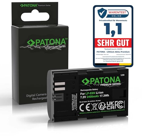 PATONA Premium LP-E6N Batterie 2400mAh pour Canon EOS R5 R6 5D | 7,2V / 17,3Wh – aussi pour 5D Mark II III IV, 5DS, 6D, 60D, 70D, 7D, 80D, 90D, XC10, XC15, WFT-E5 WFT-E7