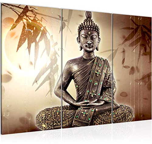 Runa Art Wandbilder Buddha Bild XXL Wohnzimmer Schlafzimmer Beige Braun Spa 120 x 80 cm 3 Teilig 500331a