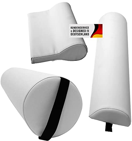 Promafit Massagezubehör Set 3 bestehend aus 1x Vollrolle Knierolle mit Griff 1x Lagerungsrolle Halbrolle und 1x Nackenkissen Kopfstütze für die Massageliege wasserabweisend (Weiß)