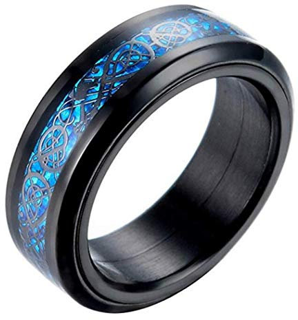 PAURO Herren Edelstahl Schwarz Keltische Drache Blau Carbon Faser Inlay Spinner Ring 8mm Band Größe 65