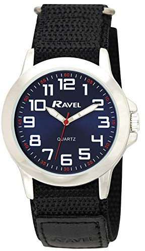 Ravel - Men's Modern Workwear Watch with Easy-Fasten Strap - Silver Tone/Blue Dial/Black Strap