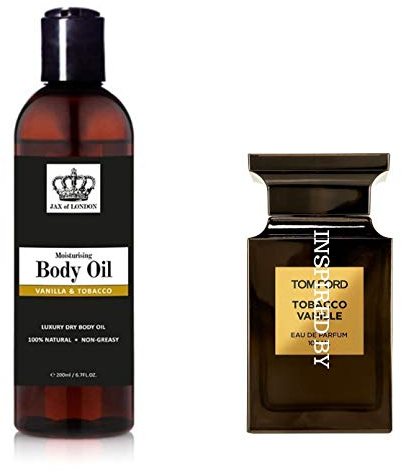 Jax of London Tobacco & Vanilla Body Oil 200ml, Inspired Body Oil, Moisturising Massage Oil for Skin, Body Oil for Dry Skin, Suitable for Massage, Firming, Aromatherapy & Relaxation Women’s fragrance