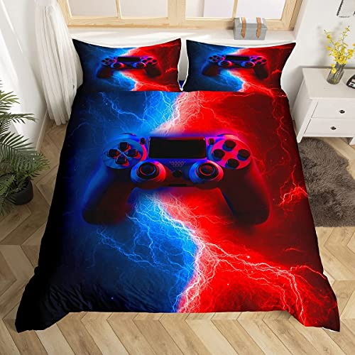 Loussiesd Gamer Gaming-Bettwäsche-Set für Doppelbett, Lightning-Gamepad, Jugenddecke, Videospiele, Schmusetuch für Kinder, Teenager, Jungen, Mann, modernes Schlafzimmerdekor, Rot,Blau