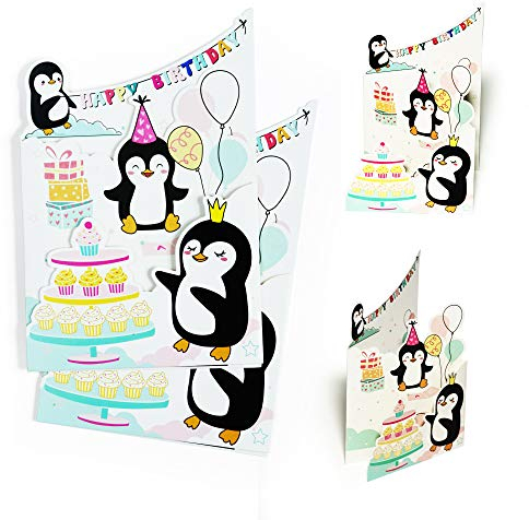 Diese-Klappkarten 2er Set Glückwunschkarte Happy Birthday zum Geburtstag mit Pinguin | Kinder Geburtstagskarte| Karte oder Gutschein zum Kindergeburtstag, für Jungen und Mädchen, X008