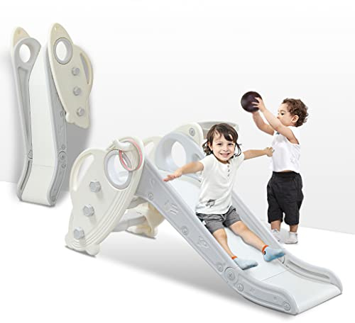 Onasti Kids Slide for Toddlers Age 1-3 Indoor Baby Plastic Slide Outdoor Climber Freestanding Playset with Basketball Hoop & Ring Game Grey