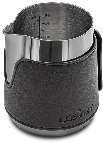 Cosumy Bricco Latte Professionale - Lattiera in Acciaio Inox 500ml - Bricchetto Latte con Segno di Misurazione - Senza Maniglie per il Latte Art