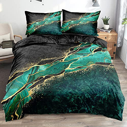 Luowei Bettwäsche Marmor 220x240 Schwarz Grün mit Kissenbezüge, Mikrofaser