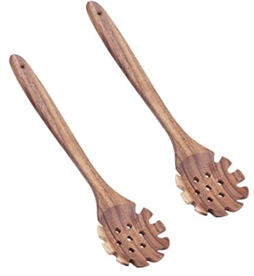 2Pcs Spaghetti Spoon, 32cm Pasta Fork Wooden Pasta Server Spoon with Teeth Slotted Pasta Spoon Pasta Lifting Spoon for Spaghetti Colander