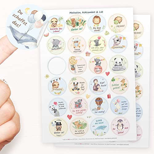 48 Aufkleber zur Motivation, Achtsamkeit und Lob – Positive Sticker für Kinder und junge Erwachsene geeignet mit Sprüchen (4cm/40mm, rund, selbstklebend)
