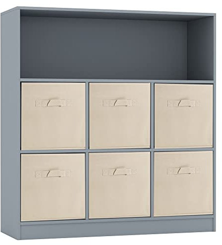 URBNLIVING Wooden Wide 7 Cubed Cupboard Bookcase Storage Units Shelves 6 Drawers Baskets (Beige Drawer, Grey Bookcase)