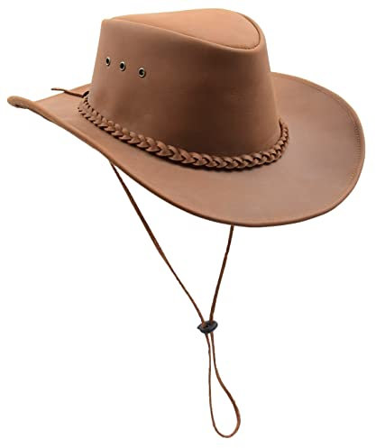 Cowboyhut mit abnehmbarem Kinnriemen, echtes Leder, Australischer Busch-Stil, HL005, Hellbraun, Hellbraun, SMALL