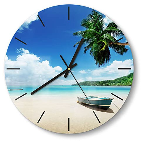 DEQORI Glasuhr | rund Ø 30 cm | Motiv Boot im seichten Wasser | ausgefallene leise Design Uhr aus Glas | Wanduhr für Wohnzimmer & Küche | Moderne Hingucker Uhr für die Wand