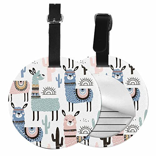 TKS MITLAN Lama und Kaktus Gepäckanhänger für Koffer Frauen Kreativ Kinder Niedlich Tier Alpaka Wüste PU Leder Tasche Reise Koffer ID Identifier Runde Gepäckanhänger (1 Packung)