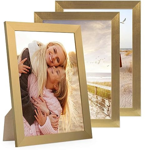 PHOTOLINI Bilderrahmen 18x24 cm Gold MDF-Holz, breite Rahmen, 3er Set, modern, bruchsicheres Acrylglas, zum Aufhängen & Aufstellen, extra Zubehör - für Ihre stilvolle Wanddekoration