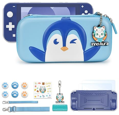 Switch Lite Tasche, innoAura Switch Lite Zubehör Set mit Switch Lite Tragetasche Niedlicher, Switch Lite Schutzdeckel Shell, Switch Lite Bildschirmschutz, Spielhülle (Blau-Weißer Pinguin)