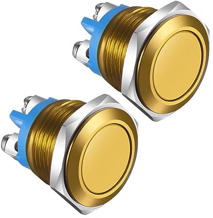Gebildet 2Stück 16mm Momentan-Drucktastenschalter, IP65 3A/12V 24V 36 DC 110V 250V, 1 NO, SPST wasserdichte Aluminiumlegierung Gehäuse Schraubklemmen (Goldgehäuse)
