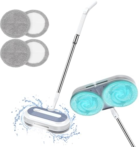 Mop elettrico senza fili, mocio elettrico senza fili, mocio elettrico senza fili con faro LED e spray d'acqua, 4 panni di ricambio, Power Mop per la pulizia di pavimenti in legno/piastrelle/vinile