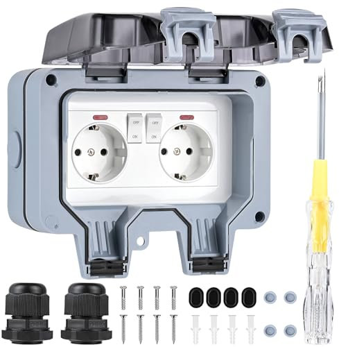 Weinsamkeit Enchufe Exterior Impermeable con Interruptor y Luz Indicadora, Enchufe Superficie Resistente al Polvo y a la Intemperie, Caja Estanca Exterior con Tapa Abatible para Garaje y Jardín