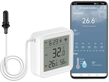 WiFi Thermometer Hygrometer: Intelligenter Feuchtigkeitssensor mit Temperatursensor Sonde, Remote-App-Alarm, digitaler Temperaturmonitor für die Lebensmittellagerung, Brauen, work with Alexa (1 Pack)
