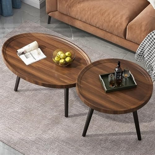 Leomix Ovaler Couchtisch, 2er-Set, industrielle Tischplatte aus Holz, Sofa-Beistelltisch mit dreieckigen Metallbeinen, industrielle Nest-Mitteltische, Wohnzimmer,A,60+120cm