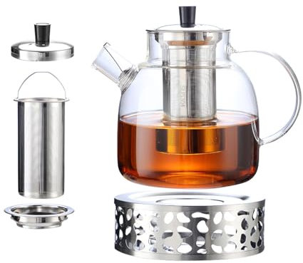 Théière en Verre Résistant à la Chaleur BANISIGA - 1500ml, Passoire Amovible + Réchaud Inclus, Conservation de la Chaleur Prolongée, Lavable au Lave-vaisselle