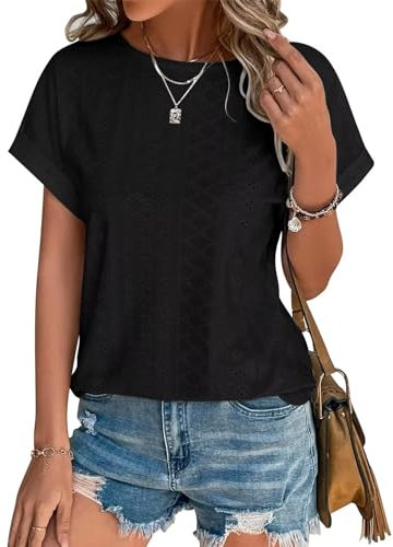 Cuptacc Tshirt Damen Bluse Mit Lochstickerei 2025 Sommer Mode Rundhalsausschnitt Dolman Ärmel Schwarz XXL 50-52